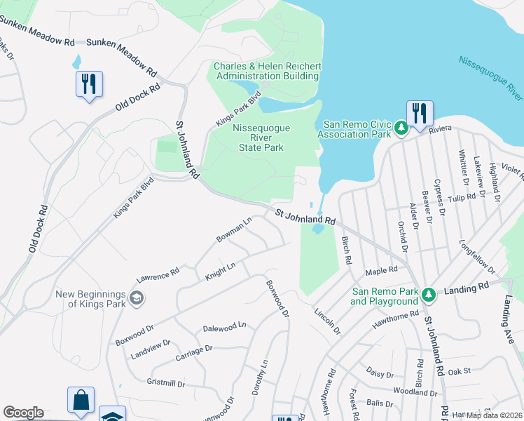 map of restaurants, bars, coffee shops, grocery stores, and more near 1 Squire Lane in Kings Park