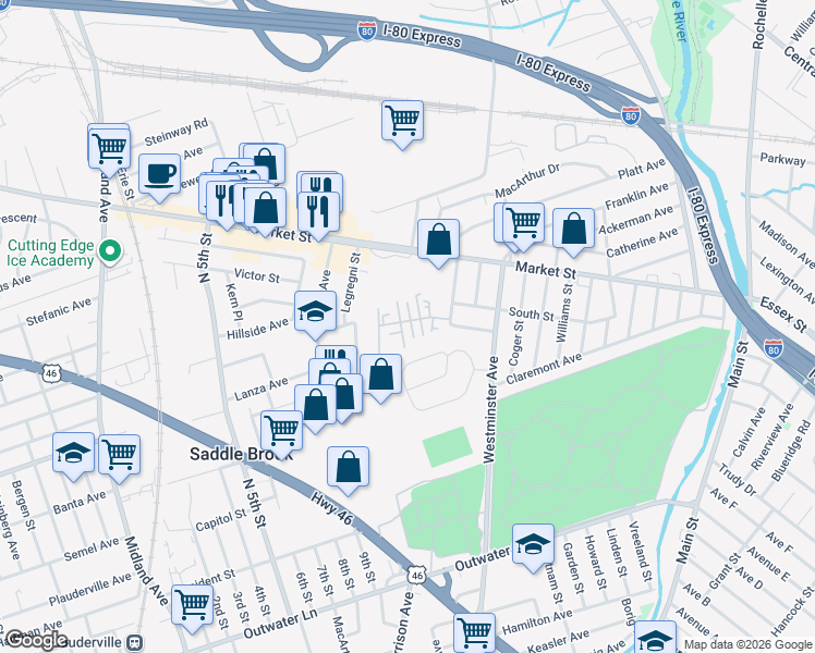 map of restaurants, bars, coffee shops, grocery stores, and more near 49 Finnigan Avenue in Saddle Brook