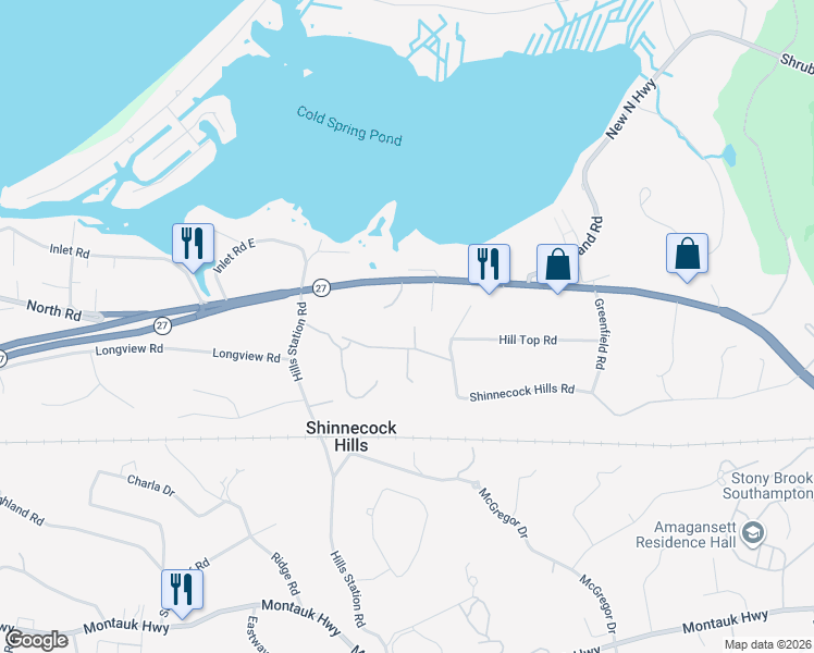 map of restaurants, bars, coffee shops, grocery stores, and more near 21 Hillside Road in Southampton