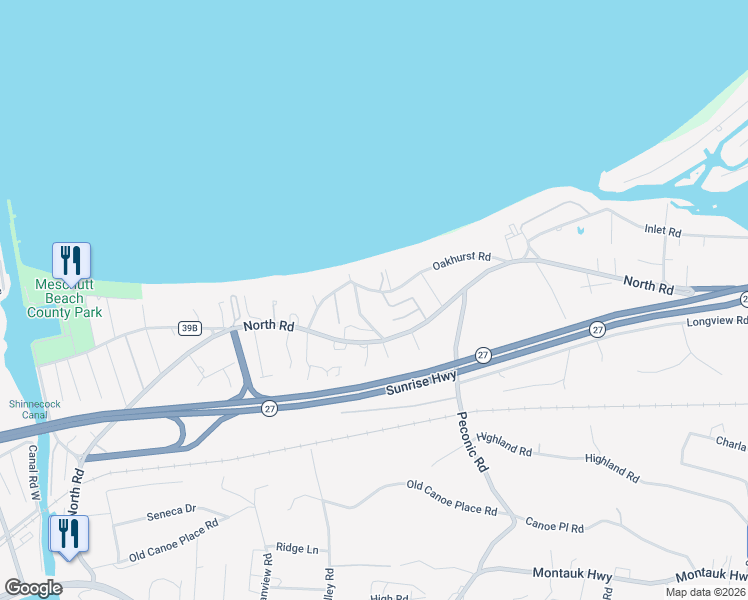 map of restaurants, bars, coffee shops, grocery stores, and more near 17C Oakhurst Road in Hampton Bays