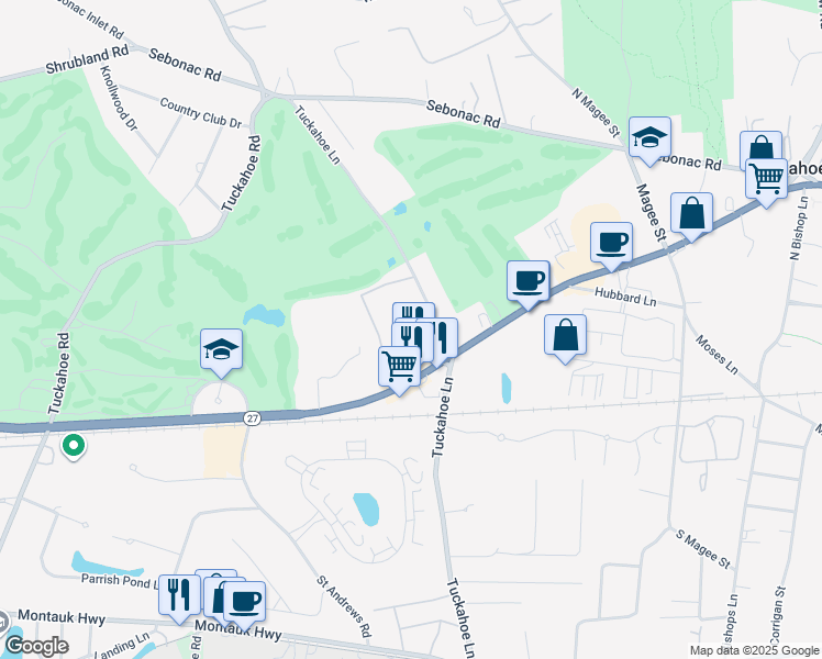 map of restaurants, bars, coffee shops, grocery stores, and more near 155 Tuckahoe Lane in Southampton