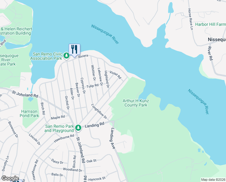 map of restaurants, bars, coffee shops, grocery stores, and more near 145 Rosewood Road in Kings Park