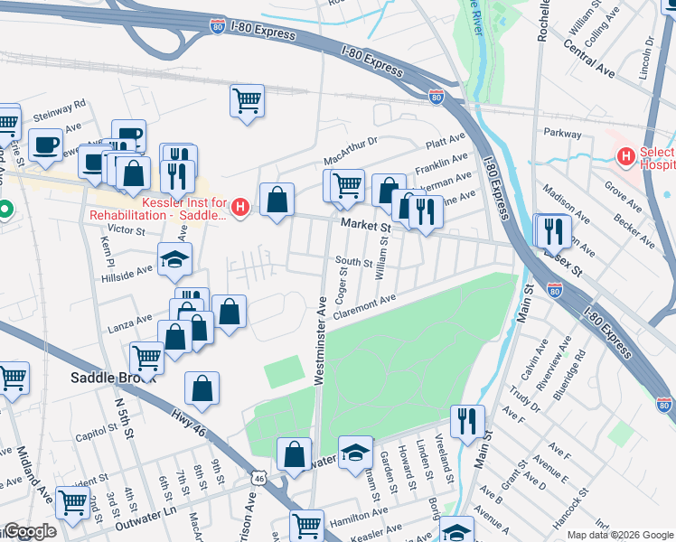 map of restaurants, bars, coffee shops, grocery stores, and more near 202 South Street in Saddle Brook