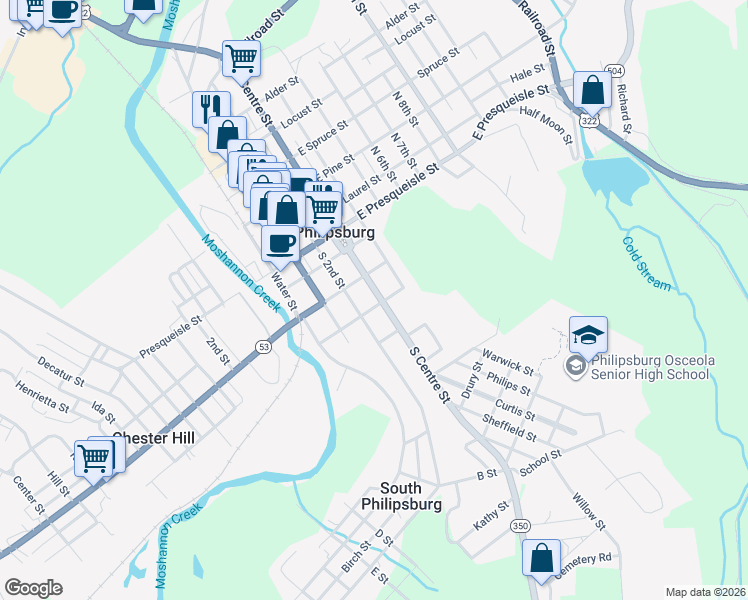 map of restaurants, bars, coffee shops, grocery stores, and more near 225 South Centre Street in Philipsburg