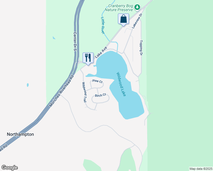 map of restaurants, bars, coffee shops, grocery stores, and more near 20 Pine Court in Riverhead