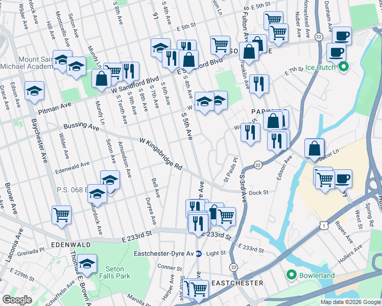 map of restaurants, bars, coffee shops, grocery stores, and more near 671 South 5th Avenue in Mount Vernon