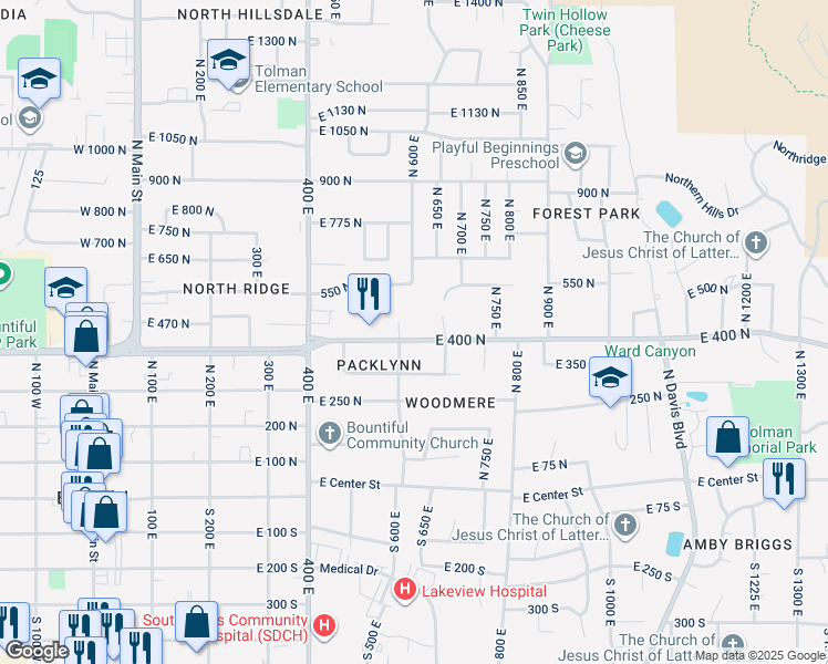 map of restaurants, bars, coffee shops, grocery stores, and more near 615 East 400 North in Bountiful