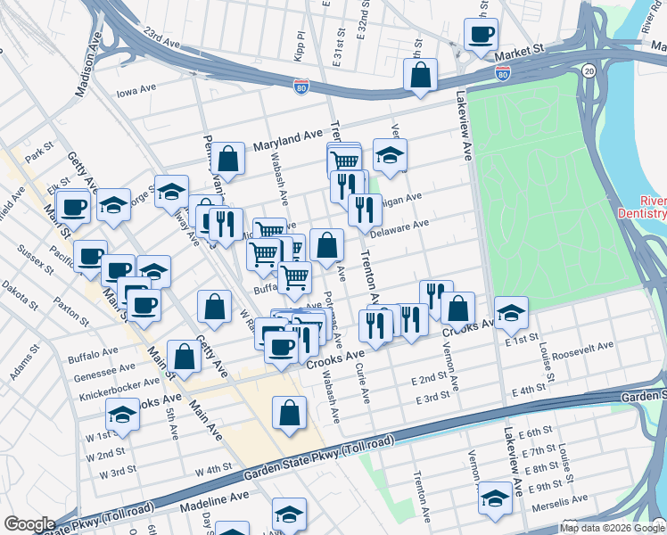 map of restaurants, bars, coffee shops, grocery stores, and more near 69 Potomac Avenue in Paterson