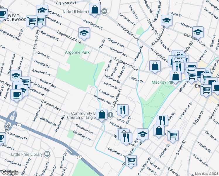 map of restaurants, bars, coffee shops, grocery stores, and more near 280 Garden St in Englewood