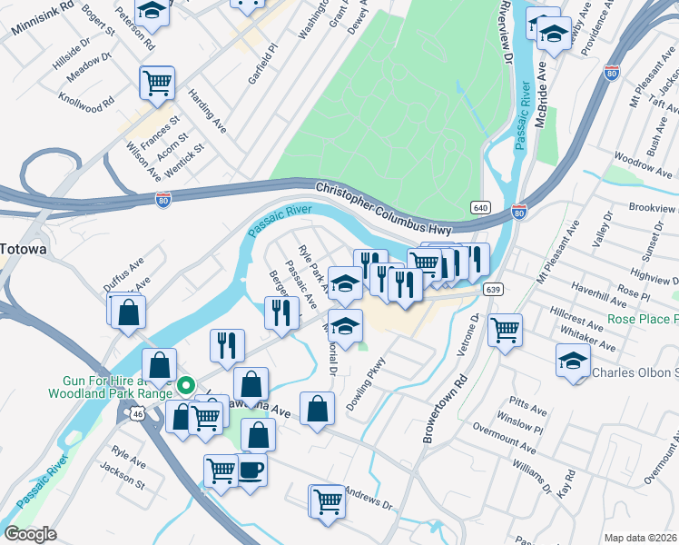map of restaurants, bars, coffee shops, grocery stores, and more near 43 Pompton Avenue in Woodland Park