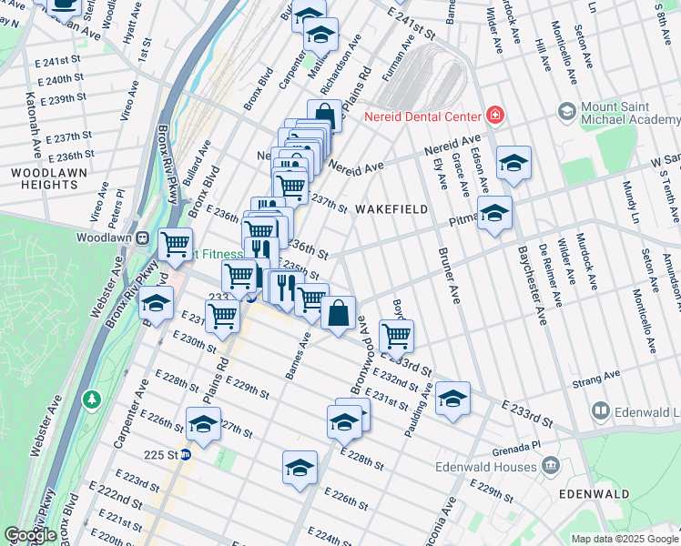 map of restaurants, bars, coffee shops, grocery stores, and more near 4244 Bronxwood Avenue in Bronx