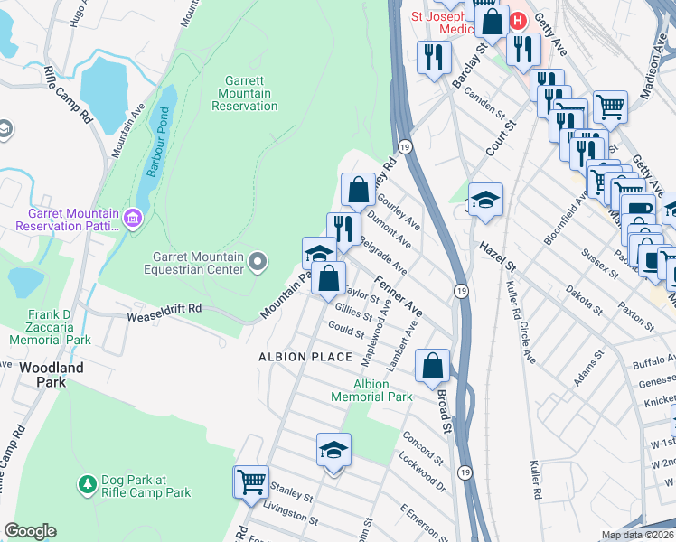 map of restaurants, bars, coffee shops, grocery stores, and more near 107 Valley Road in Clifton