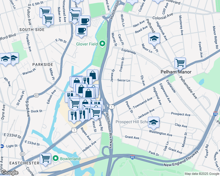 map of restaurants, bars, coffee shops, grocery stores, and more near 848 James Street in Pelham Manor
