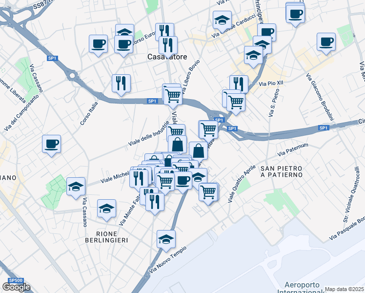 map of restaurants, bars, coffee shops, grocery stores, and more near 207 Viale Guglielmo Marconi in Casavatore