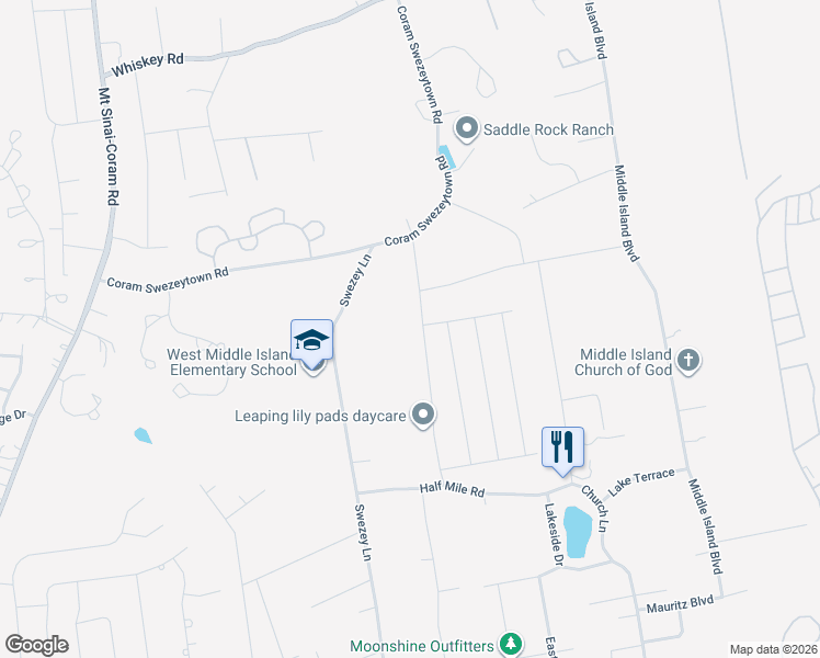 map of restaurants, bars, coffee shops, grocery stores, and more near 20 North Swezeytown Road in Middle Island