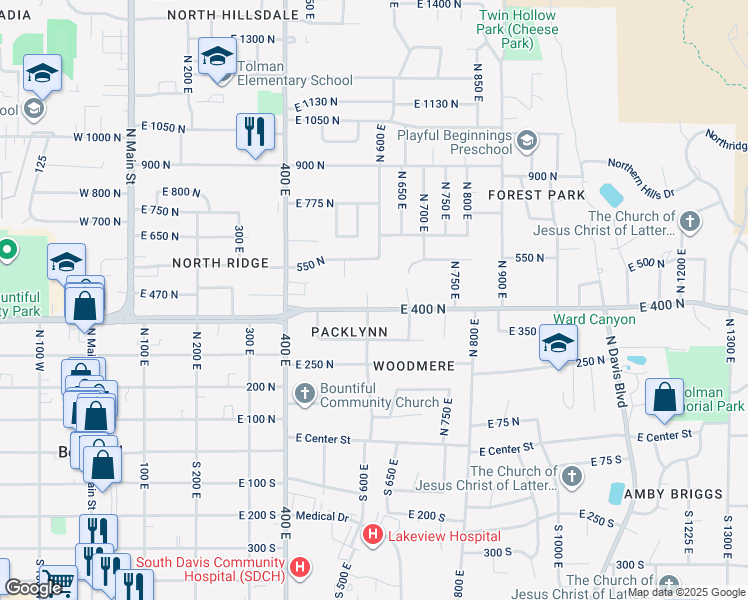 map of restaurants, bars, coffee shops, grocery stores, and more near 615 East 400 North in Bountiful