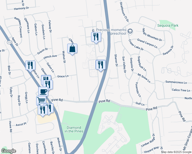 map of restaurants, bars, coffee shops, grocery stores, and more near 25 Gibbs Road in Coram