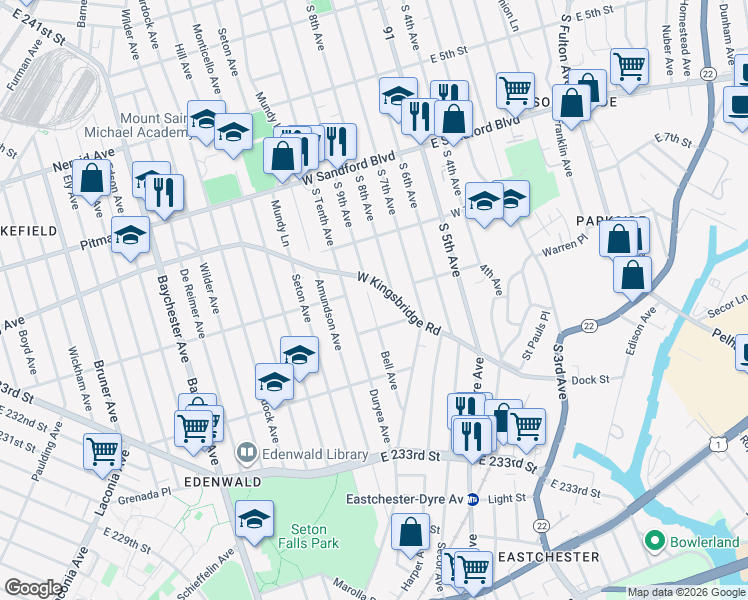 map of restaurants, bars, coffee shops, grocery stores, and more near 12 Bell Avenue in Mount Vernon
