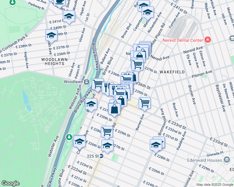 map of restaurants, bars, coffee shops, grocery stores, and more near 658 East 234th Street in The Bronx