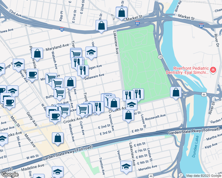 map of restaurants, bars, coffee shops, grocery stores, and more near 215 Dundee Avenue in Paterson