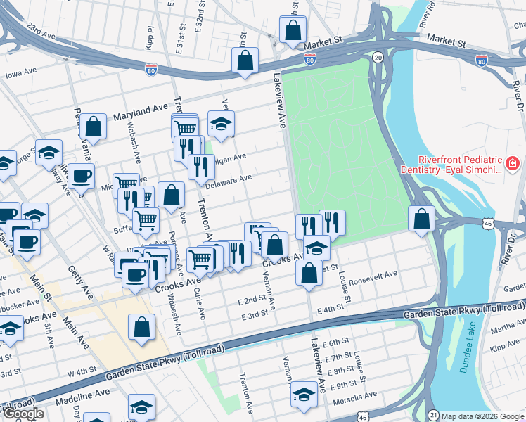 map of restaurants, bars, coffee shops, grocery stores, and more near 215 Dundee Avenue in Paterson