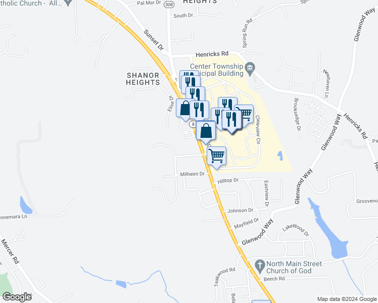 map of restaurants, bars, coffee shops, grocery stores, and more near 106 Summit Road in Butler