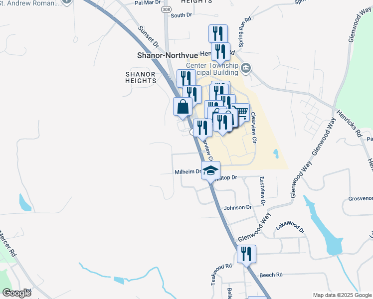 map of restaurants, bars, coffee shops, grocery stores, and more near 106 Summit Road in Butler