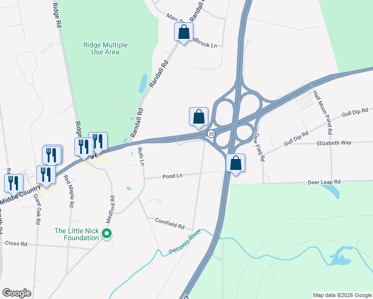 map of restaurants, bars, coffee shops, grocery stores, and more near 2 Sally Lane in Ridge