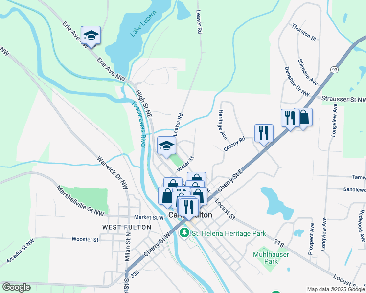 map of restaurants, bars, coffee shops, grocery stores, and more near 335 Chippewa Street in Canal Fulton