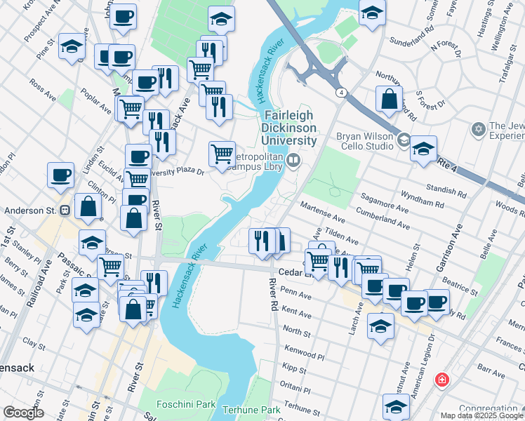 map of restaurants, bars, coffee shops, grocery stores, and more near 884 Lone Pine Lane in Teaneck