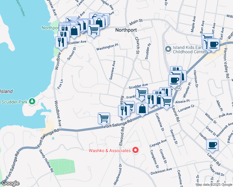 map of restaurants, bars, coffee shops, grocery stores, and more near 77 Reservoir Avenue in Northport