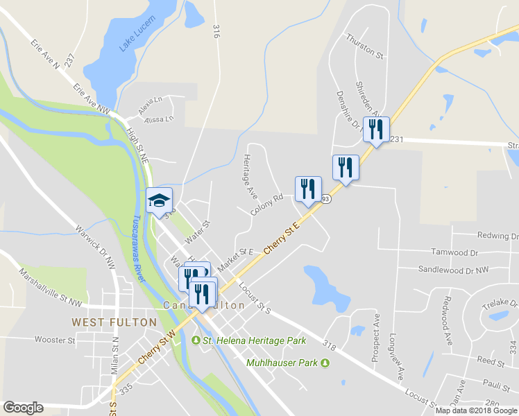 map of restaurants, bars, coffee shops, grocery stores, and more near 627 Colony Road in Canal Fulton