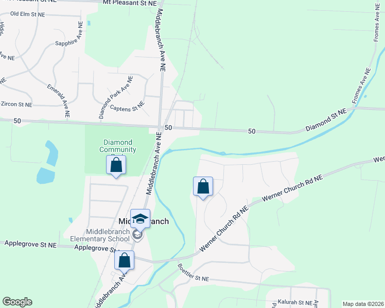 map of restaurants, bars, coffee shops, grocery stores, and more near 3013 Wicker Street Northeast in Canton