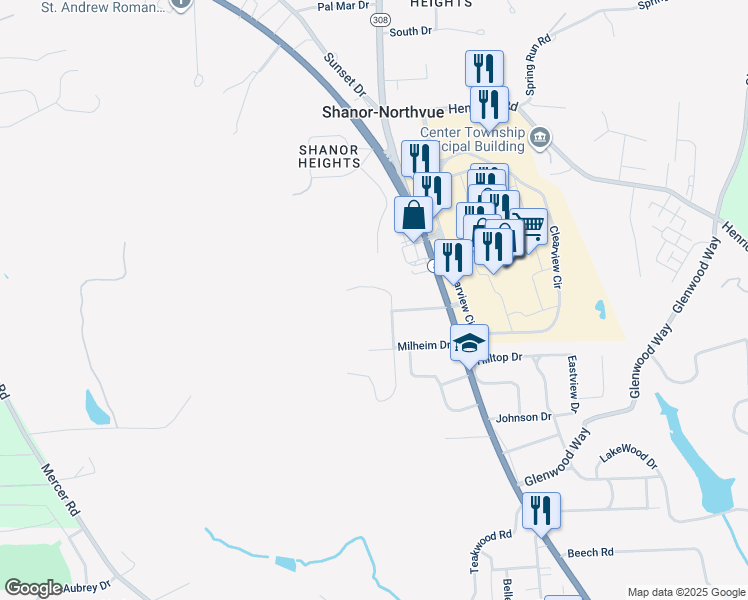 map of restaurants, bars, coffee shops, grocery stores, and more near 110 Summit Road in Butler