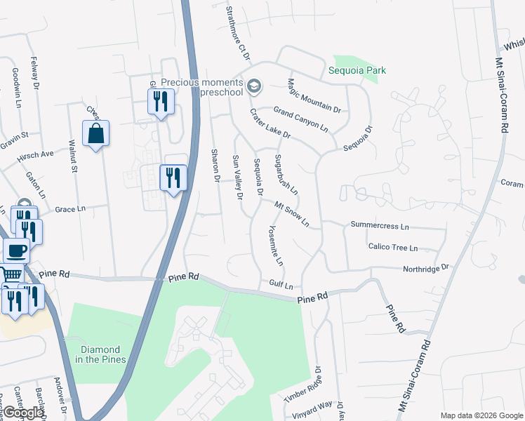 map of restaurants, bars, coffee shops, grocery stores, and more near 156 Sequoia Drive in Coram