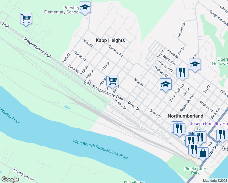 map of restaurants, bars, coffee shops, grocery stores, and more near 155 8th Street in Northumberland
