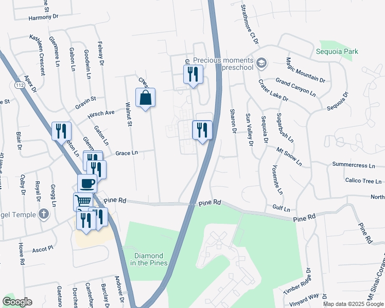 map of restaurants, bars, coffee shops, grocery stores, and more near 12 El Camino Court in Coram