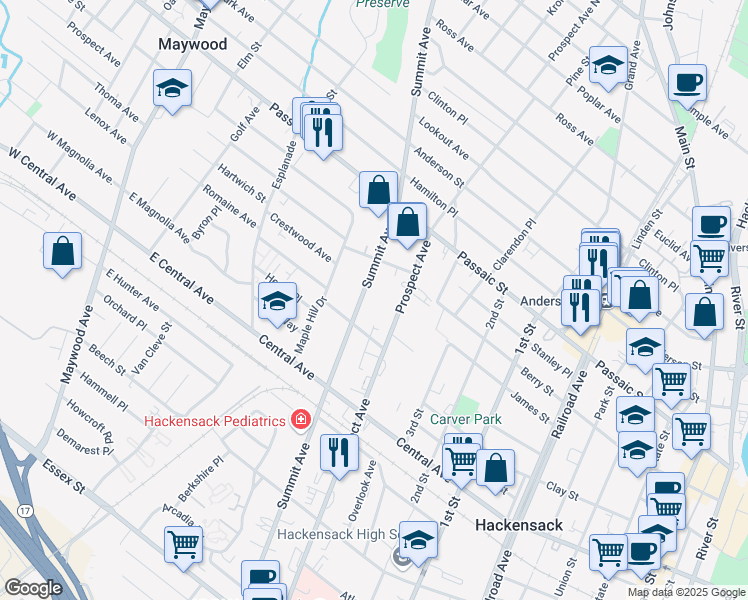 map of restaurants, bars, coffee shops, grocery stores, and more near 324 Summit Avenue in Hackensack