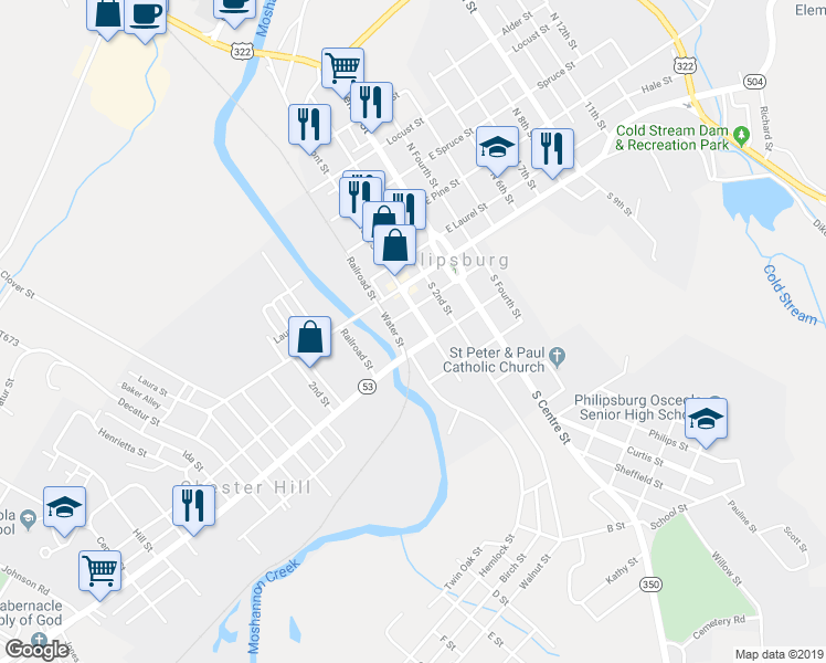 map of restaurants, bars, coffee shops, grocery stores, and more near 121 South Front Street in Philipsburg