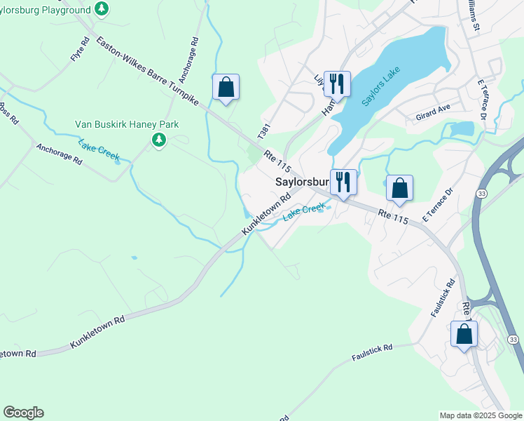 map of restaurants, bars, coffee shops, grocery stores, and more near 5505 Kunkletown Road in Saylorsburg