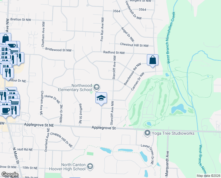 map of restaurants, bars, coffee shops, grocery stores, and more near 2475 Beechmoor Road Northwest in North Canton