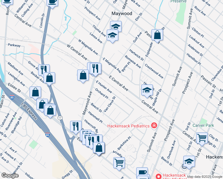 map of restaurants, bars, coffee shops, grocery stores, and more near 65 East Hunter Avenue in Maywood