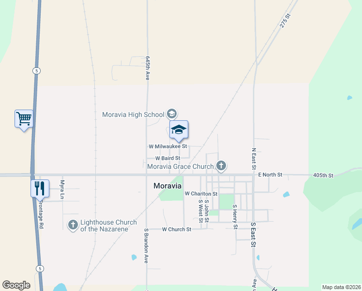 map of restaurants, bars, coffee shops, grocery stores, and more near 505 North Trussell Avenue in Moravia
