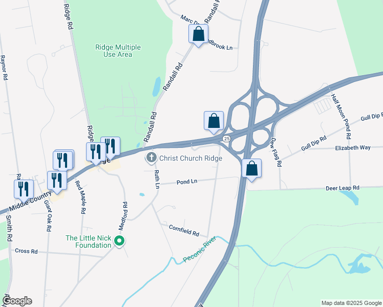 map of restaurants, bars, coffee shops, grocery stores, and more near 2 Sally Lane in Ridge