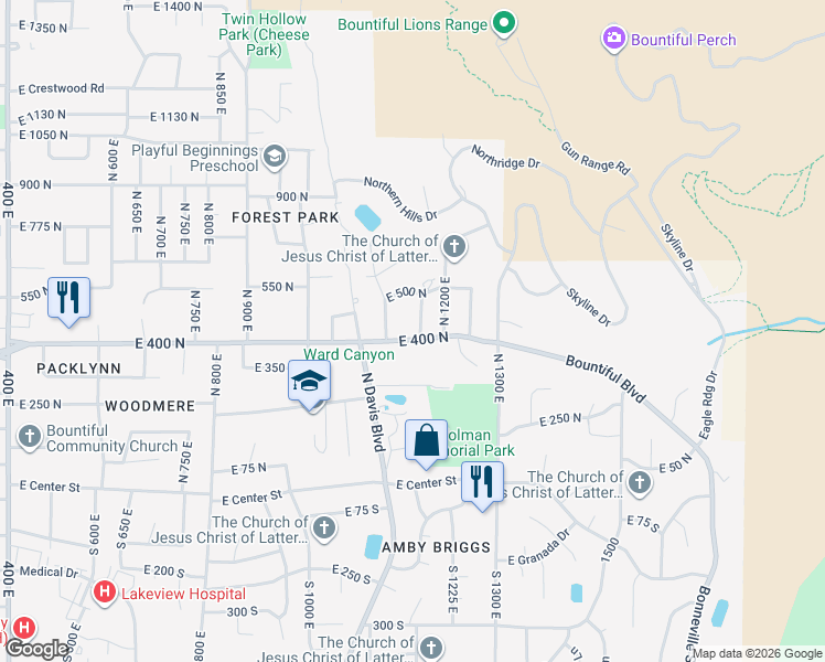 map of restaurants, bars, coffee shops, grocery stores, and more near 423 North 1150 East in Bountiful