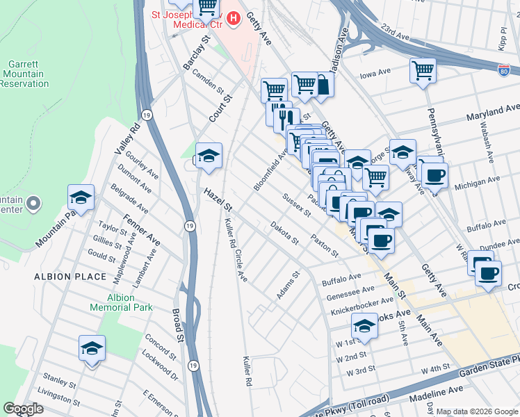 map of restaurants, bars, coffee shops, grocery stores, and more near 275 Dakota Street in Paterson