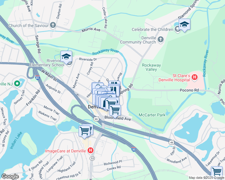 map of restaurants, bars, coffee shops, grocery stores, and more near 7 Orchard Street in Denville