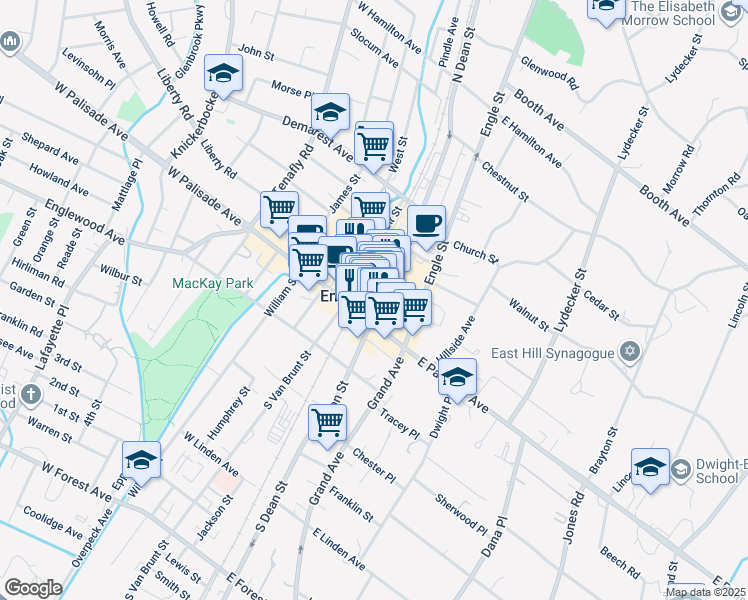 map of restaurants, bars, coffee shops, grocery stores, and more near 26 North Dean Street in Englewood