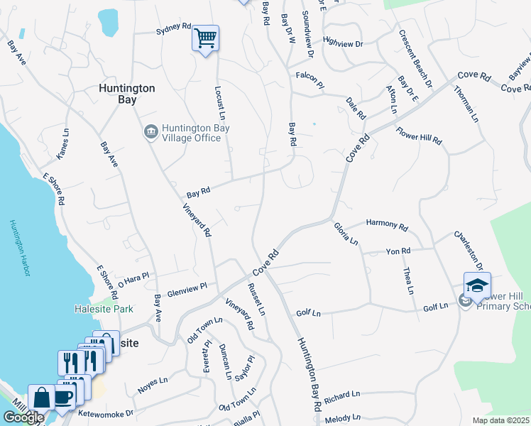 map of restaurants, bars, coffee shops, grocery stores, and more near 222 Huntington Bay Road in Huntington