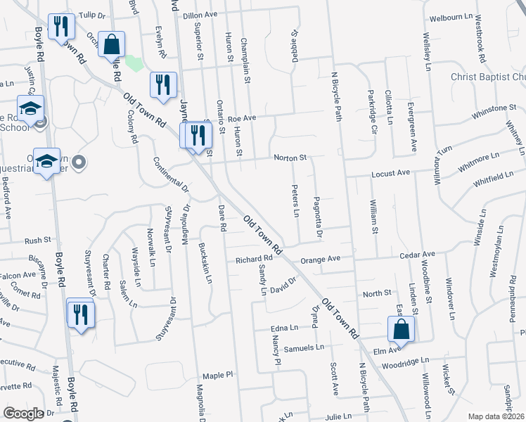 map of restaurants, bars, coffee shops, grocery stores, and more near 90 Ontario Street in Port Jefferson Station